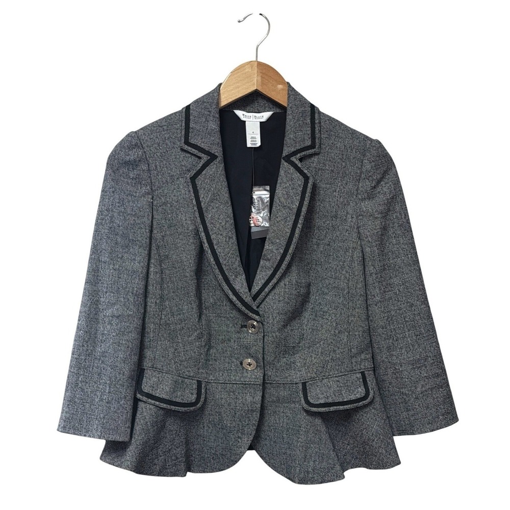 White House Black Market NWT Tweed Blazer Women's SZ 4 Gray Black Piping Peplum